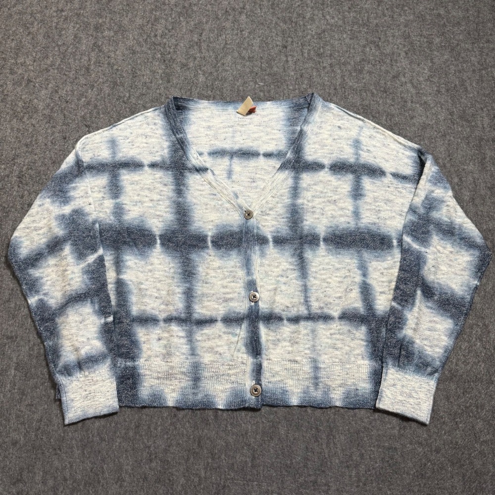 Pilcro and the Letterpress Blue Tie Dye Grid Cotton Linen Cardigan Sweater XS